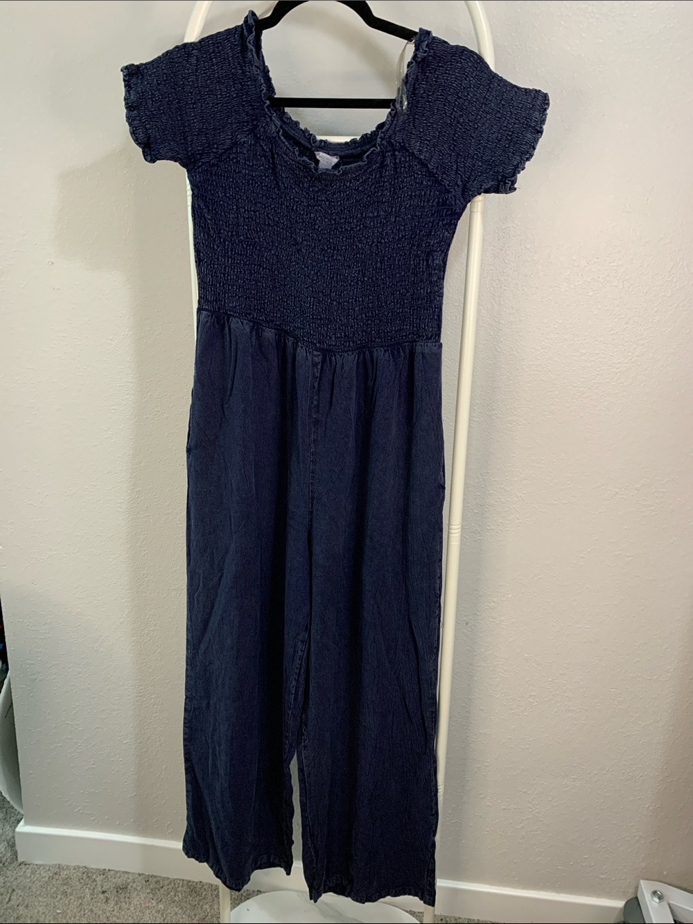 Cato Dark Navy Smocked Short-Sleeve Jumpsuit